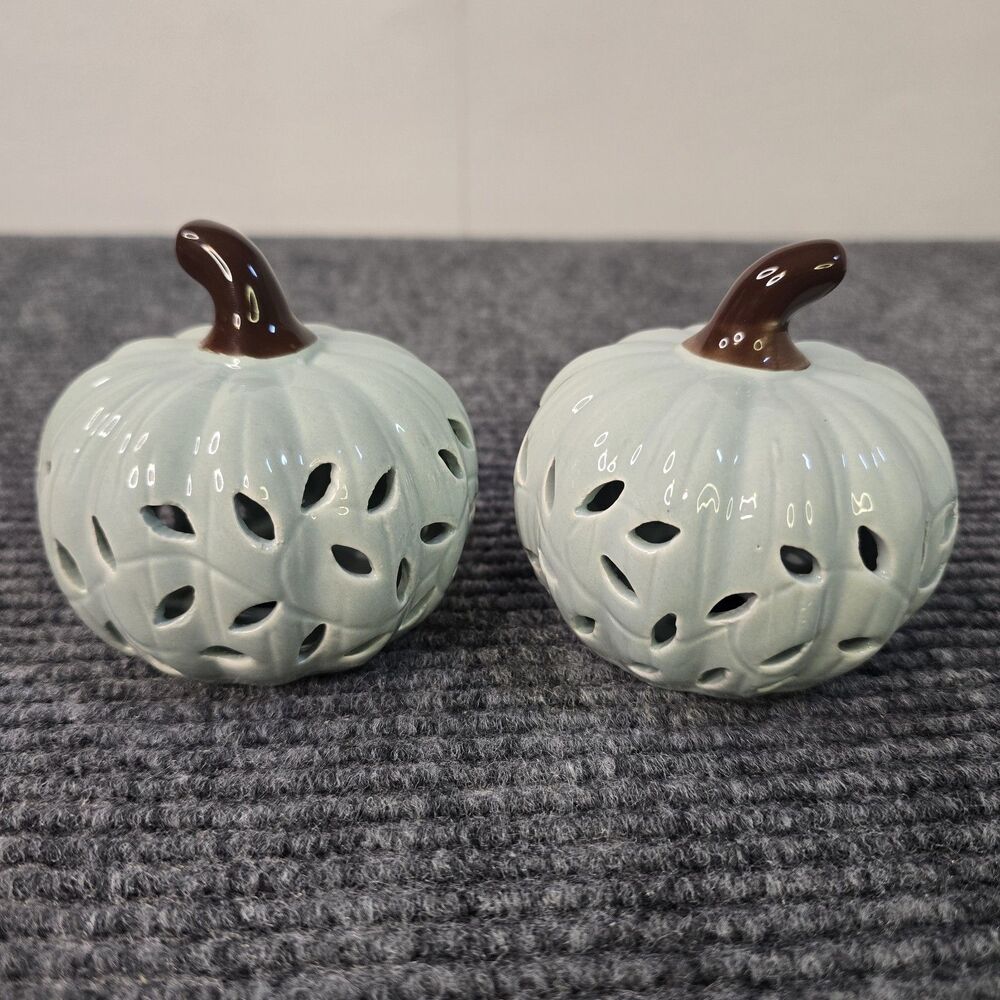 Lot Of 2 Ceramic Glazed Cut Out Pumpkin Fall Autumn Decor Seafoam Green 3.5 Inch